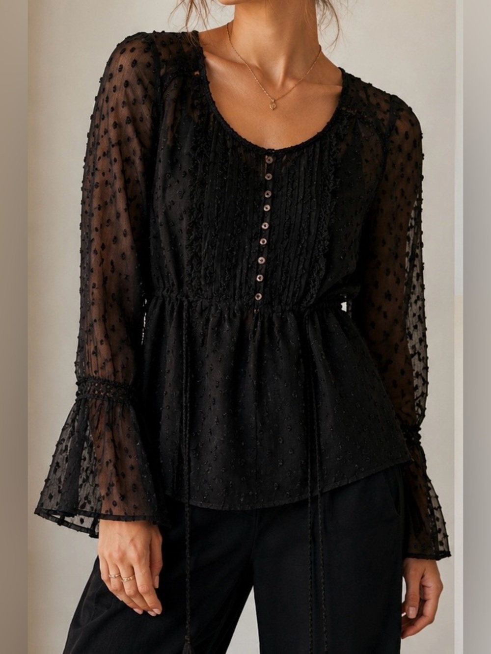 KIMCHI BLUE Black Swiss Dot Sheer Lace Coquette Poetcore Blouse